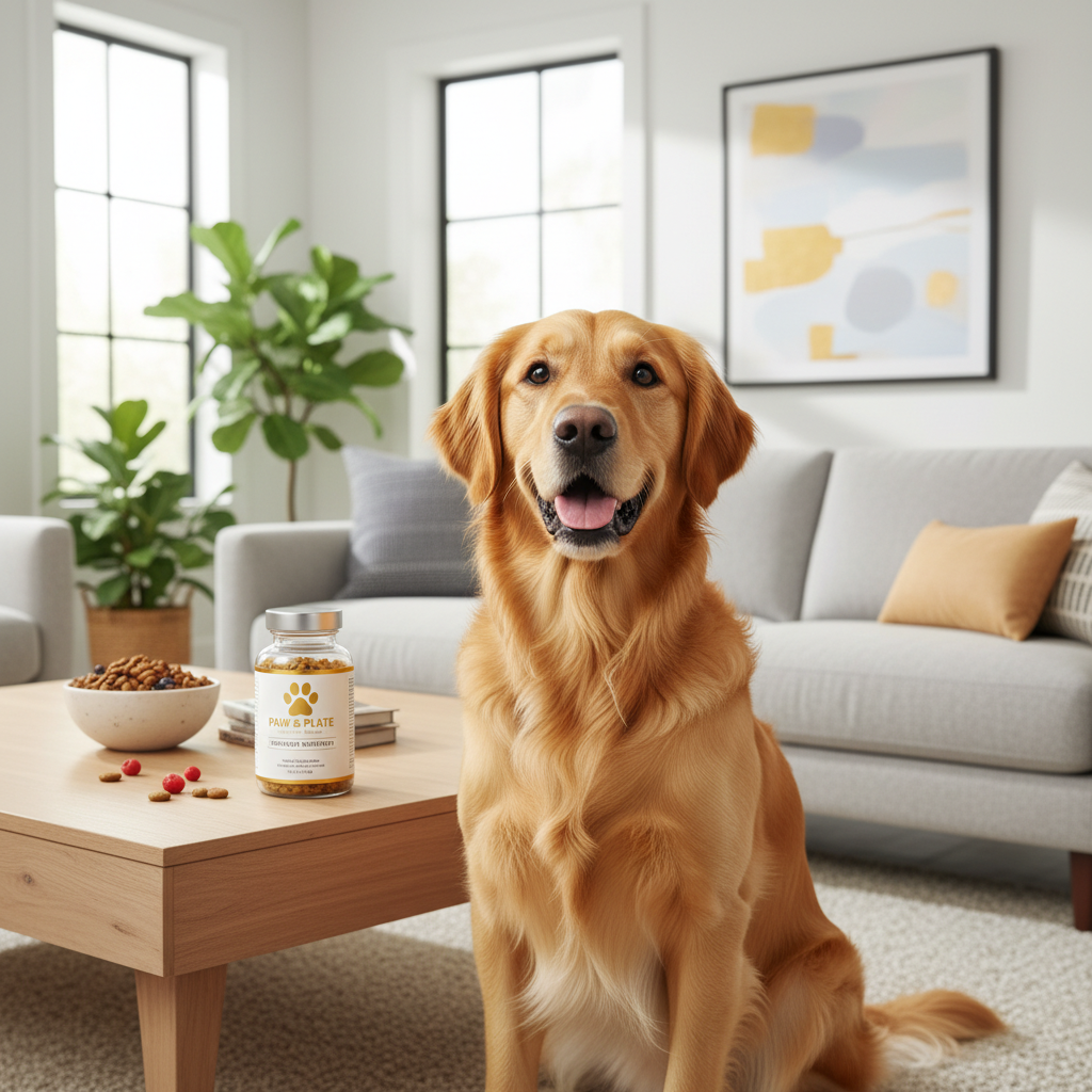 밝고 현대적인 거실에서 프리미엄 강아지 종합 영양제 병 옆에 앉아 있는 건강하고 윤기 나는 털을 가진 골든 리트리버의 고해상도 사진