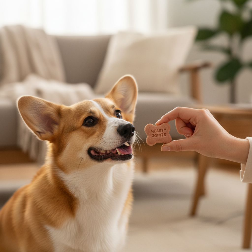 미소를 짓고 있는 웰시코기에게 사람이 손으로 하트 모양의 부드러운 관절 영양제 트릿을 건네주는 따뜻한 분위기의 클로즈업 이미지