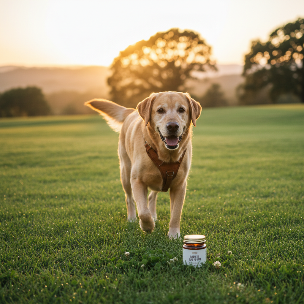 노령견임에도 불구하고 관절 영양제 덕분에 푸른 잔디밭을 활기차게 산책하는 라브라도 리트리버의 모습을 담은 따뜻한 일몰 채광의 사진