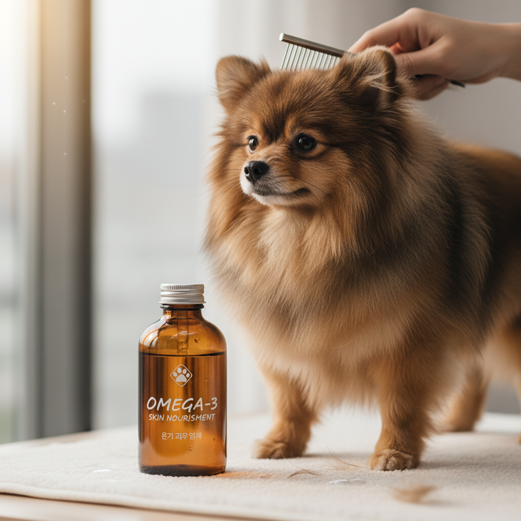 윤기 흐르는 풍성한 털을 가진 포메라니안이 그루밍을 받는 모습과 그 옆에 배치된 오메가3 피부 영양제 병을 강조한 매크로 촬영 이미지