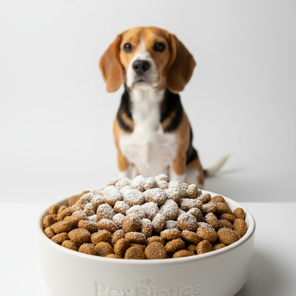 강아지 사료 위에 하얀 가루 형태의 유산균 영양제가 뿌려져 있고 그 뒤에서 건강한 비글이 기대를 하며 기다리는 깨끗한 스튜디오 설정 사진